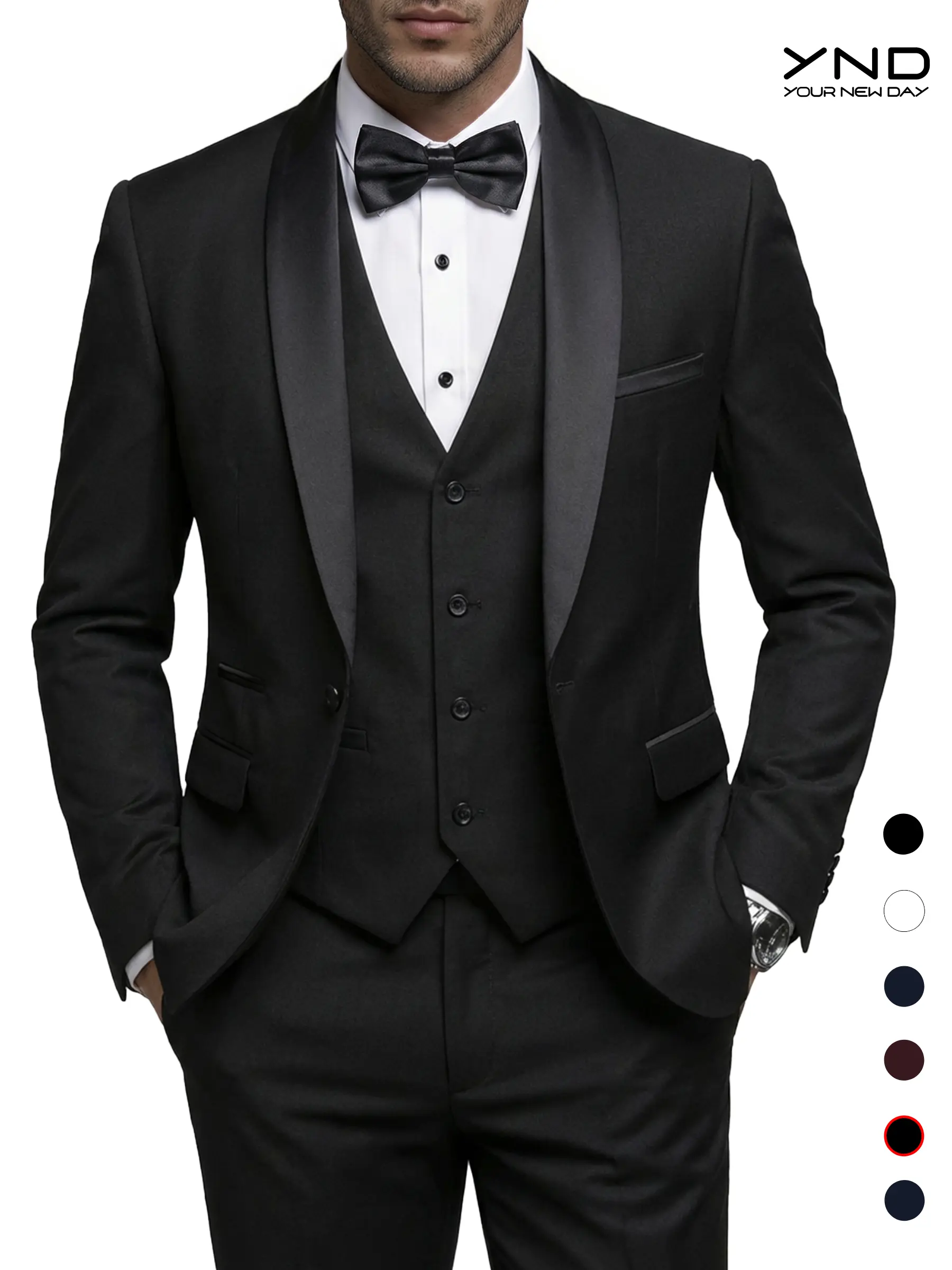 YND Men's 3-Piece Slim Fit Tuxedo Set, One-Button Shawl Collar Solid Jacket Vest Pants with Bow Tie，suitable for formal occasions, business events. party & casual events, wedding tuxedos, party performances, and men's three-piece party suits Black Matchin