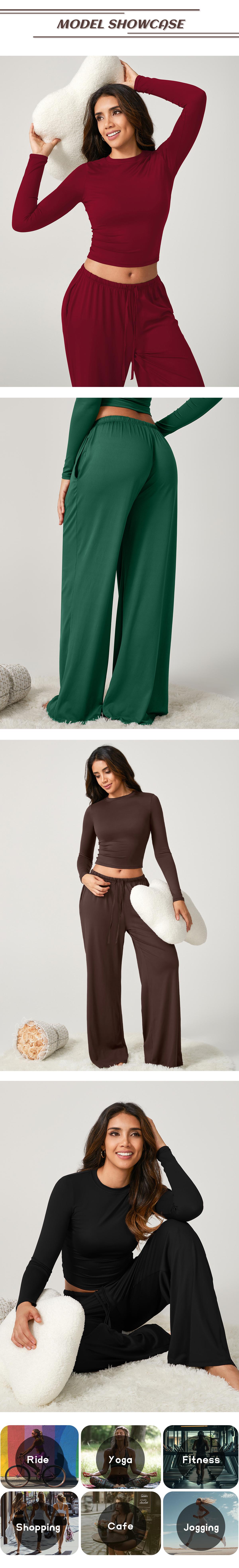 TIMEOFF Women's 2-Piece Stretch Sweatsuit, Solid Cute Clothes Set with Long Sleeve Crop Top and Wide-Leg Pants for Yoga, Sweats TIMEOFF Women's 2-Piece Stretch Sweatsuit, Solid Cute Clothes Set with Long Sleeve Crop Top and Wide-Leg Pants for Yoga, Sweats