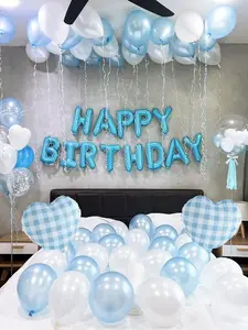 45PCS Light Blue Happy Birthday Balloon Kit, 16in Letter Foil Balloons + Pearl Light Blue & Pearl White Latex, Blue Plaid Heart Foil Balloons, Party Backdrop Decor for Birthday, Wedding, Graduation, Photo Booth Setup