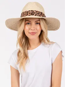 C.C Women's Leopard Trim Band Panama Fedora Summer Paper Wide Brim Sun Hat