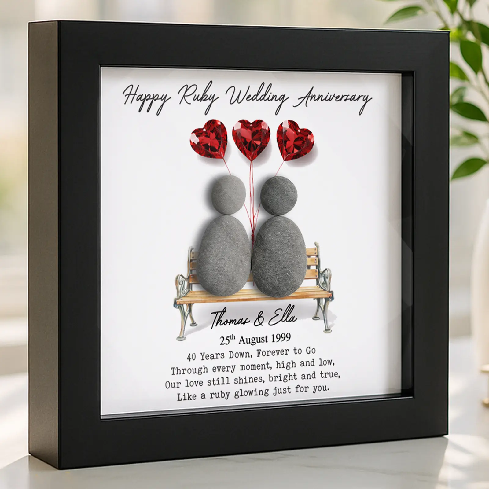 Personalized Ruby Wedding Pebble Frame, Custom 40th Anniversary Gift for Husband Wife, Happy Wedding Anniversary Frame Gift for Mom Dad, Anniversary Gift for Him, Wedding Stuff