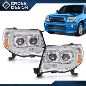 CROSSDESIGN Chrome LED Tube Dual Projector Headlights Pair Fit For 2005-2011 Toyota Tacoma