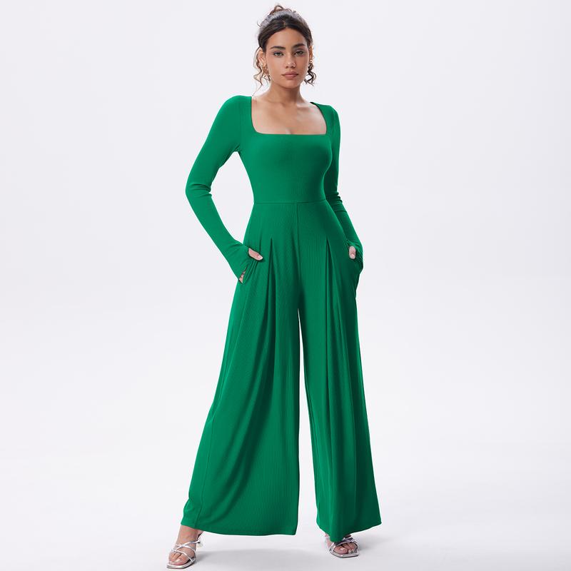 OQQ Women's Long Sleeve Square Neck Wide Leg Jumpsuit With Pockets Casual Fashion Lightweight One Piece Jumpsuits