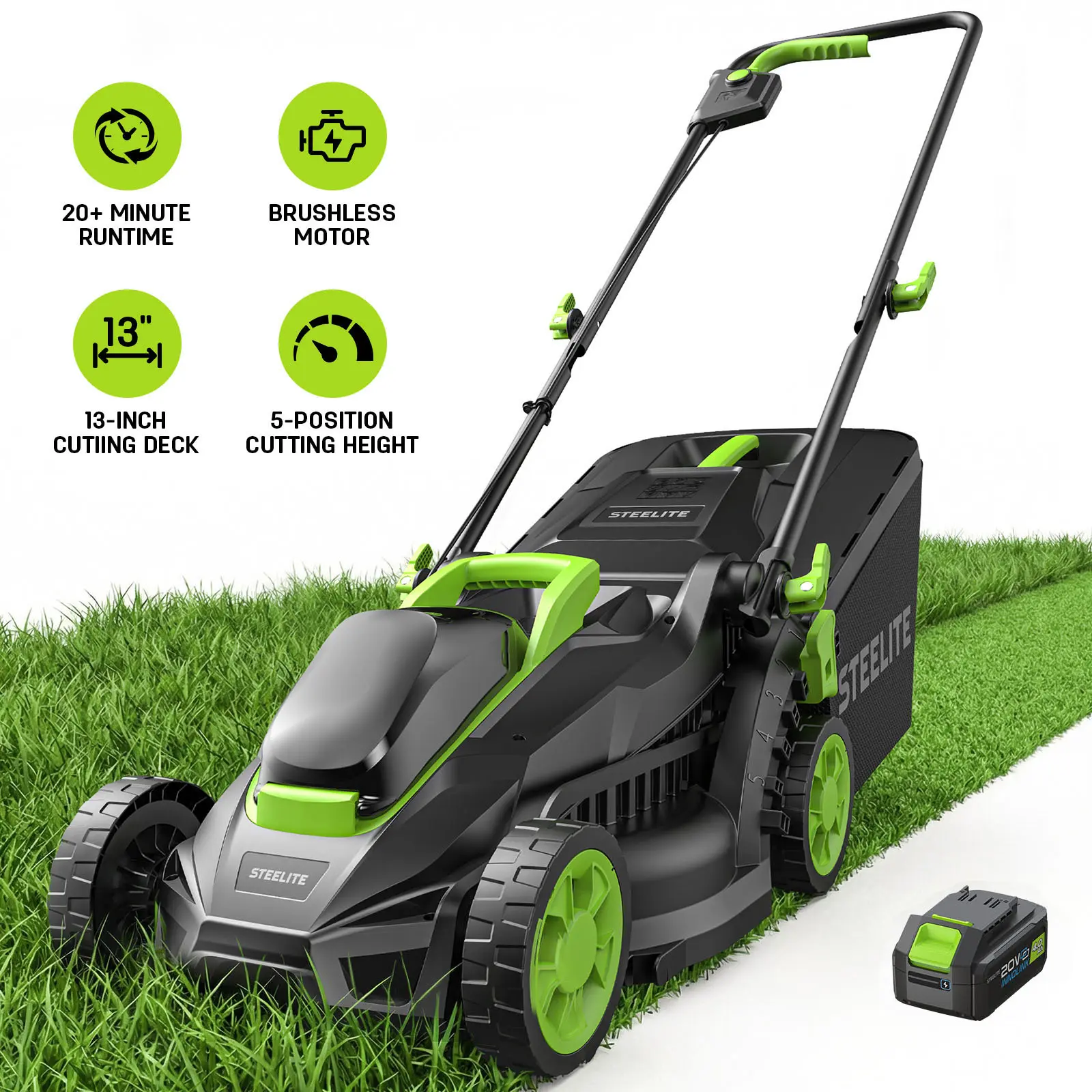 STEELITE 20V 13-Inch Brushless Electric Lawn Mower, 4.0Ah Battery & Charger Included, Ultra-Lightweight Cordless Electric Push Mower, Easy Operation for Small Lawn, Yard, Garden, Batteries, Push Lawn Tow-Behind Mowers