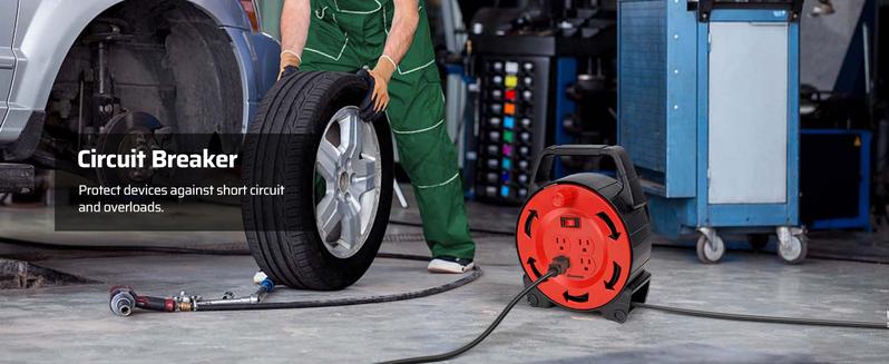 DEWENWILS 30ft Retractable Extension Cord Reel 13A/125V 16/3C SJTW Black Cable 4 Outlets with Circuit Breakers & Power Switch LED for Indoor/Outdoor Use HCRB30B