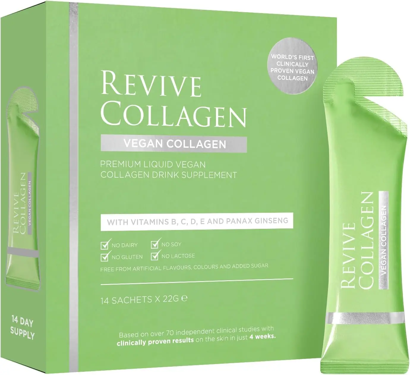 Vegan Plant-Based Collagen Beauty Supplement - 2500mg Dietary Liquid with Vitamin B, C, D, E - Raspberry Flavor Skin Care Support - 14 Sachets