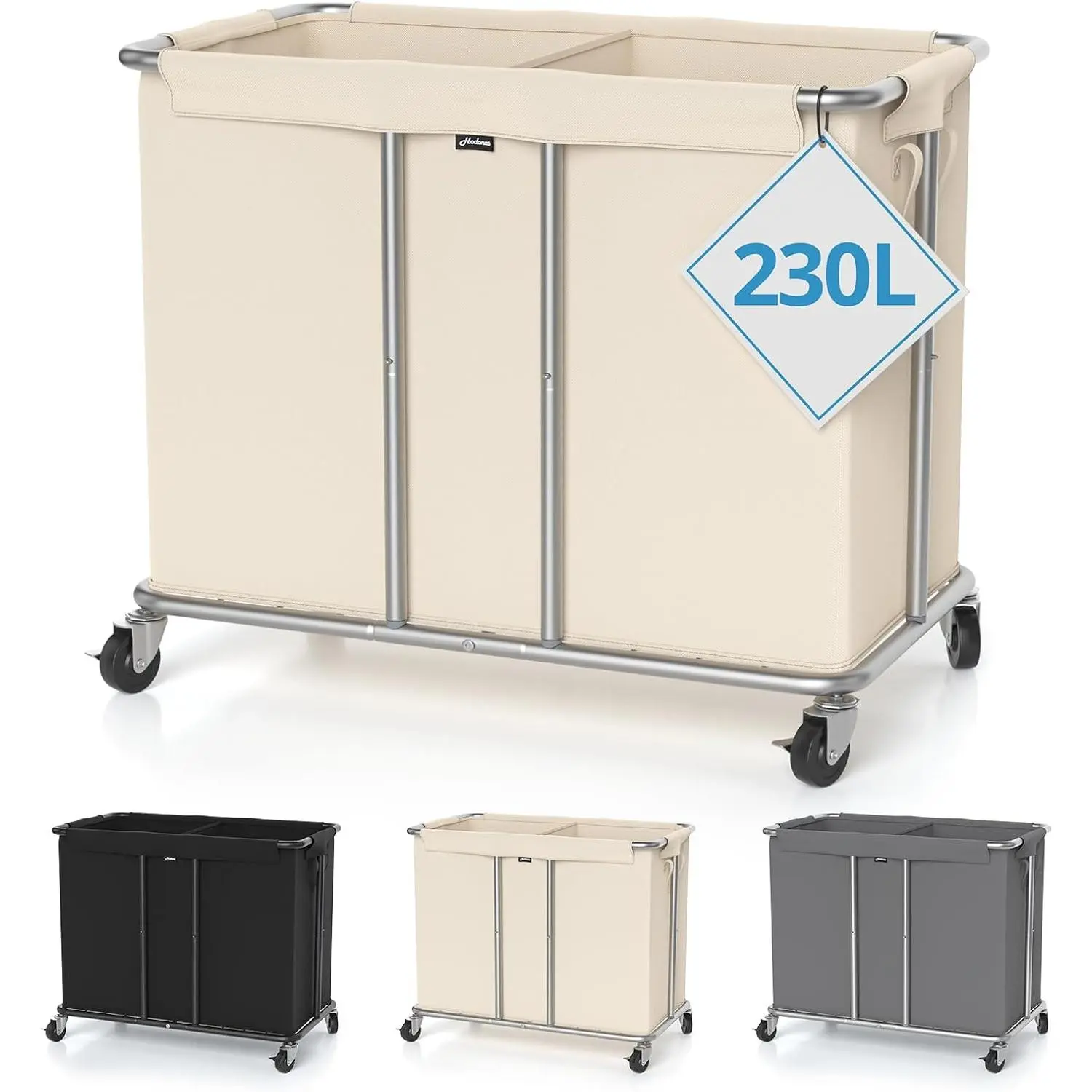 230L Rolling Laundry Hamper, 2-Section Laundry Basket with Wheels, 61 Gallons Laundry Sorter with Metal Structure and Removable Liner, Clothes Hamper for Laundry Room, Bathroom, Bedroom, Beige