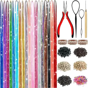 Hair Tinsel Kit 7600 Strands Fairy Tinsel Extensions Holographic Heat Resistant Glitter for Girls Parties Festivals with Tools Beads Micro Silicone Link Rings