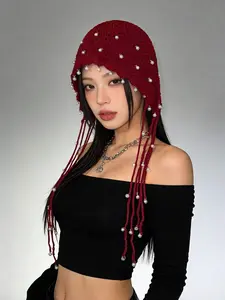 VYNCE HAT1pc Thick Handmade Crochet Hollow Out Beanie Hat, Warm Knitted Tasseled Cap, Fashion Accessory For Women, Suitable For Winter, Boho, 4th Of July, Mother-Daughter Outfit, Halloween, Vacation