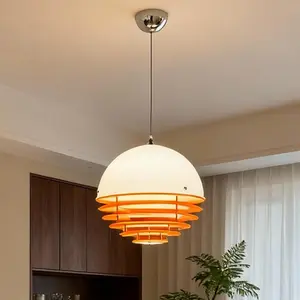 Vintage Mid-Century Orange Glass Pendant Light 3-Light E26 LED Chandelier for Dining Room Kitchen & Entryway with 3-Color Dimmable Bulbs and Adjustable Hanging Cord