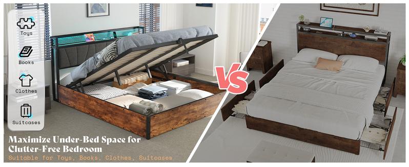 AMERLIFE King Size Lift Up Storage Bed Frame with LED Lights, Linen Upholstered Headboard with Charging Station, Wooden LED Light Platform Bed Frame,Best Gift Ideas/Christmas Gifts