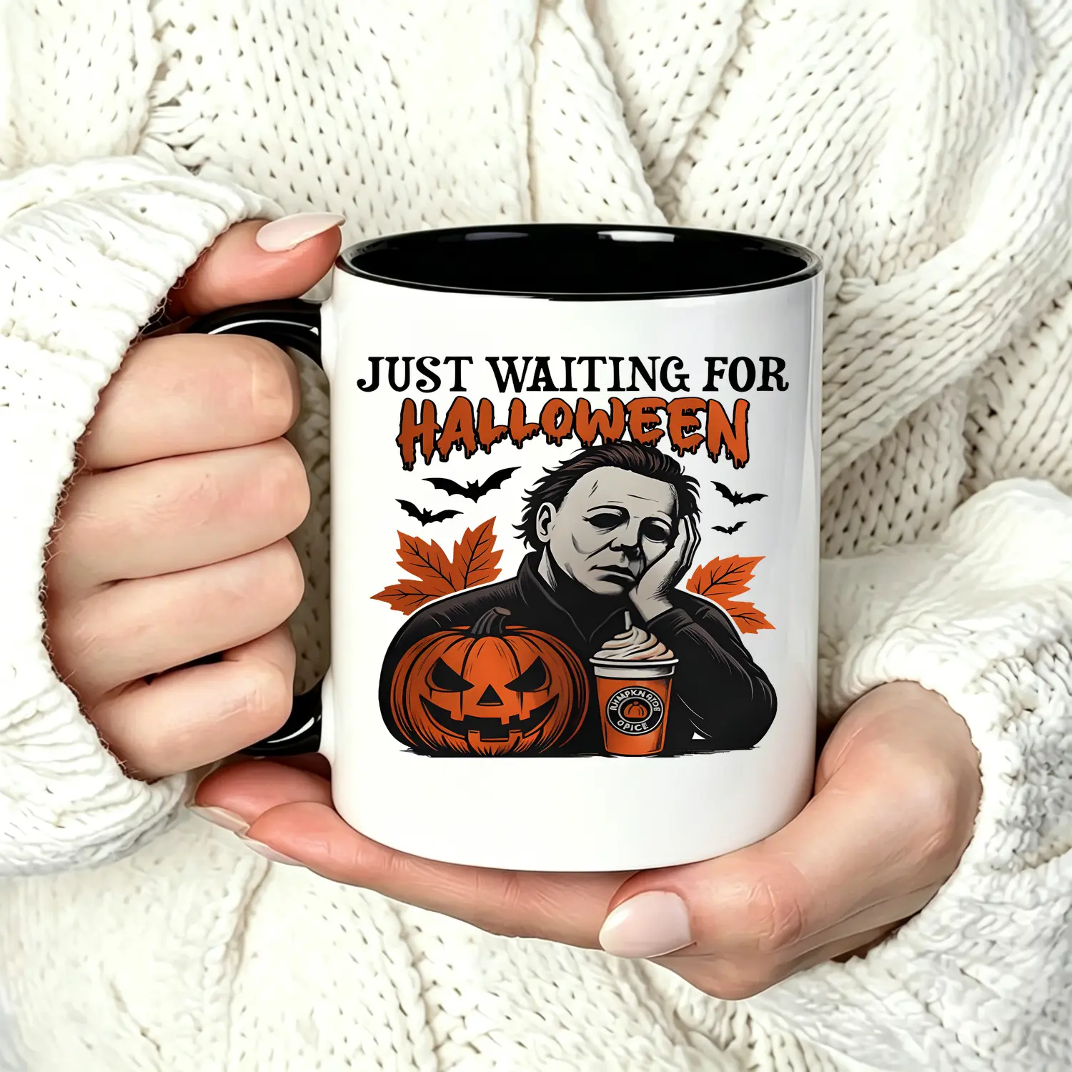 Just Waiting for Halloween Graphic 11oz Ceramic Mug, Jack O Lantern and Pumpkin Pattern Coffee Mug, Perfect for Halloween Casual Home Decor, Ideal Gift for Men and Women