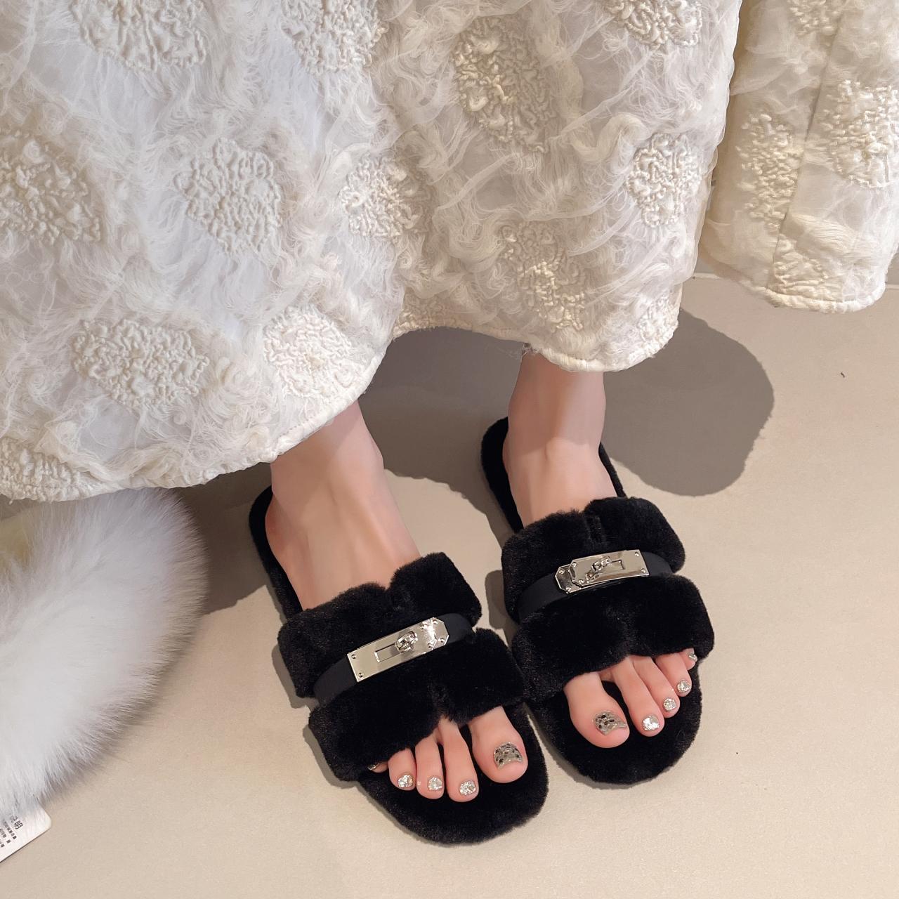 Mao Mao Women's Soft Furry Slippers 2025 Spring Autumn Round Toe Non-Slip Sole Adjustable Straps Elegant Home Wear Flipflop Girl Walking Shoes SpringStatements