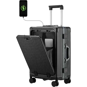 Versatile Aluminum Frame Carry-On Luggage with USB Charging Port, Front Compartment, TSA Lock, Airline Approved Carry On Hardside Suitcase with Spinner Wheels, Black, 3 light 24", 24 Inch