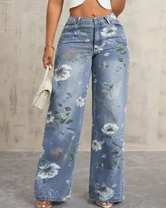 American Street Style Printed Loose Women's Jeans Versatile Design Long Wide Leg Pants Autumn Trendy Brand Casual Cotton Polyester Denim