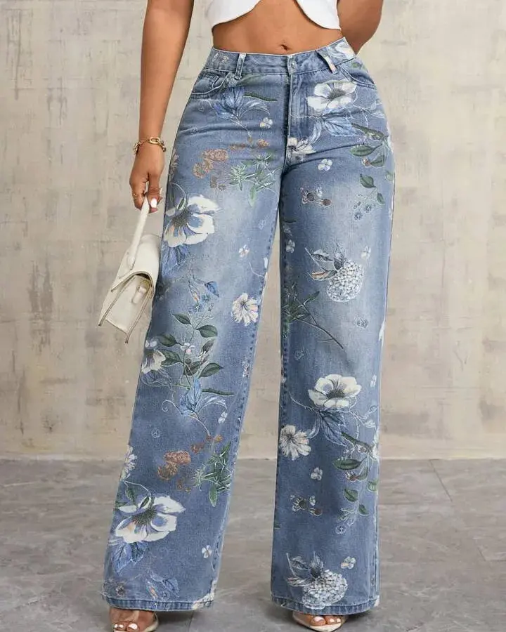 American Street Style Printed Loose Women's Jeans Versatile Design Long Wide Leg Pants Autumn Trendy Brand Casual Cotton Polyester Denim