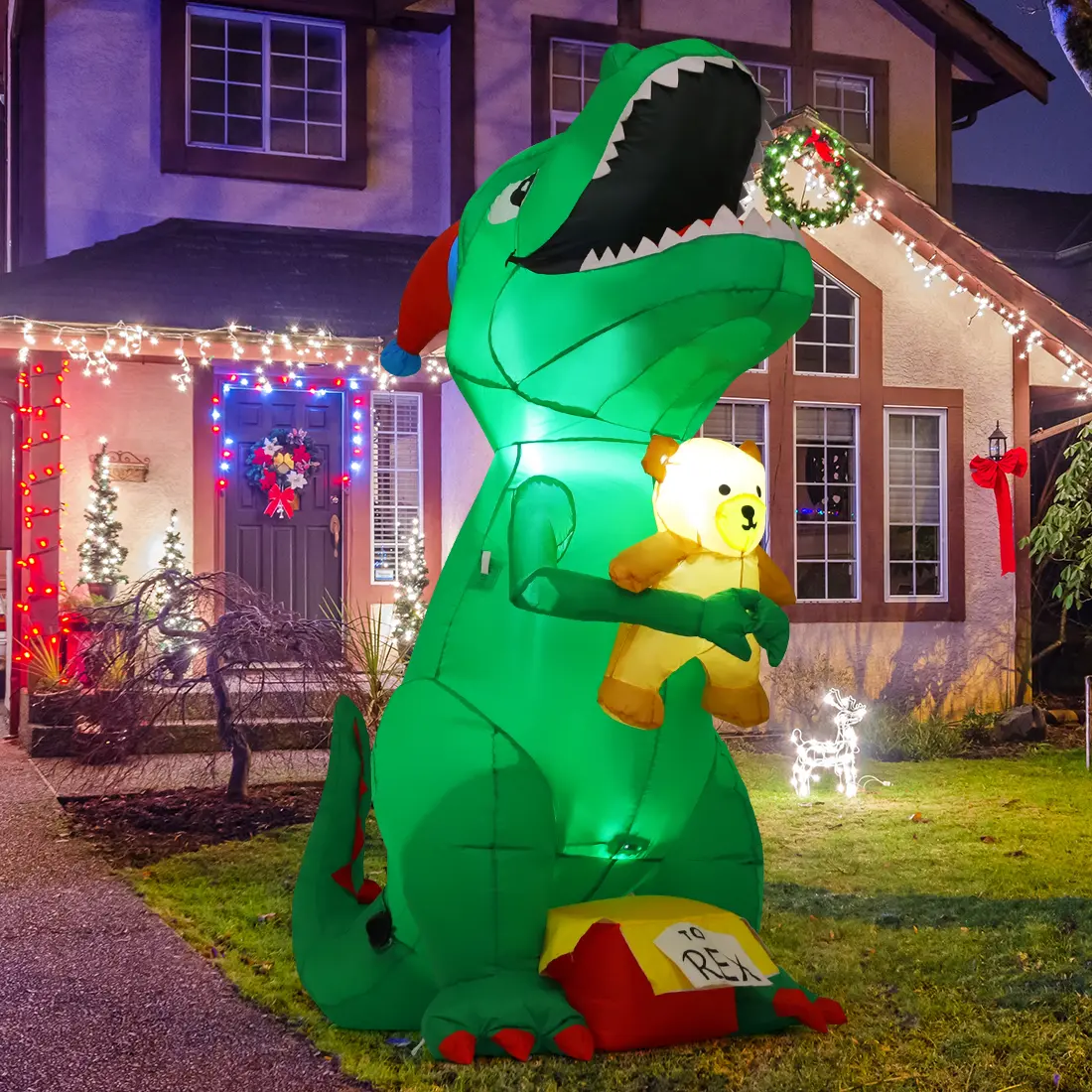 GOOSH 6.5 FT Magical Holiday Light-Up Christmas Inflatable T-Rex Dinosaur, Outdoor Yard Decor with Xmas Hat, Bear Prop & Built-in LEDs for Garden, Lawn Indoor Party Decor (Light Up Your Space)