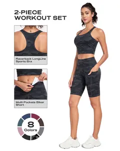 CRAZY YOGA 2026 full series women's thickened fabric two-piece set, including a racerback longline sports bra and shorts with side pockets and a hidden inner pocket. Suitable for yoga, fitness, running, training, and other sports.