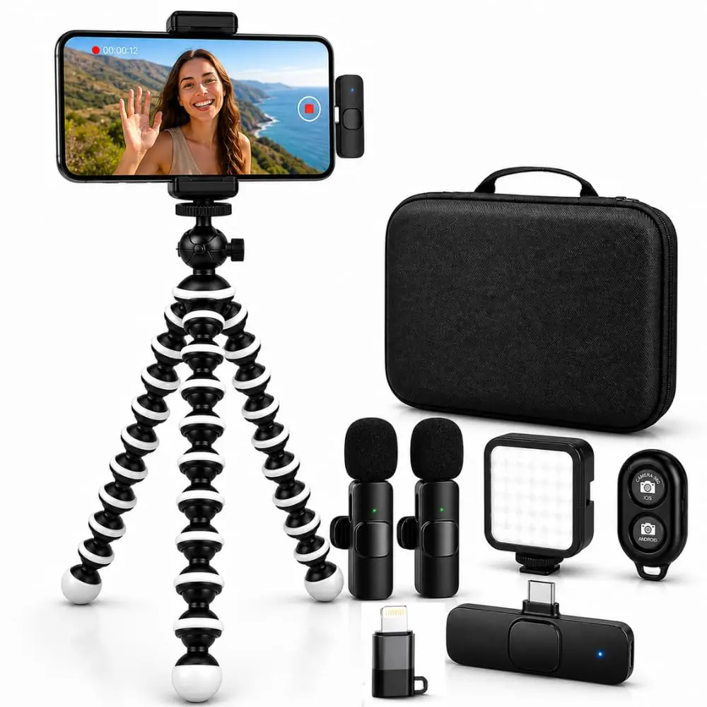 Adjustable Bluetooth Mobile Vlogging Creator Gear Kit for iPhone & Android Smartphones - Compact Wireless Microphone, Tripod, LED Light, Mount, Bluetooth Remote Shutter, Carry Case, TikTok Creator Accessories