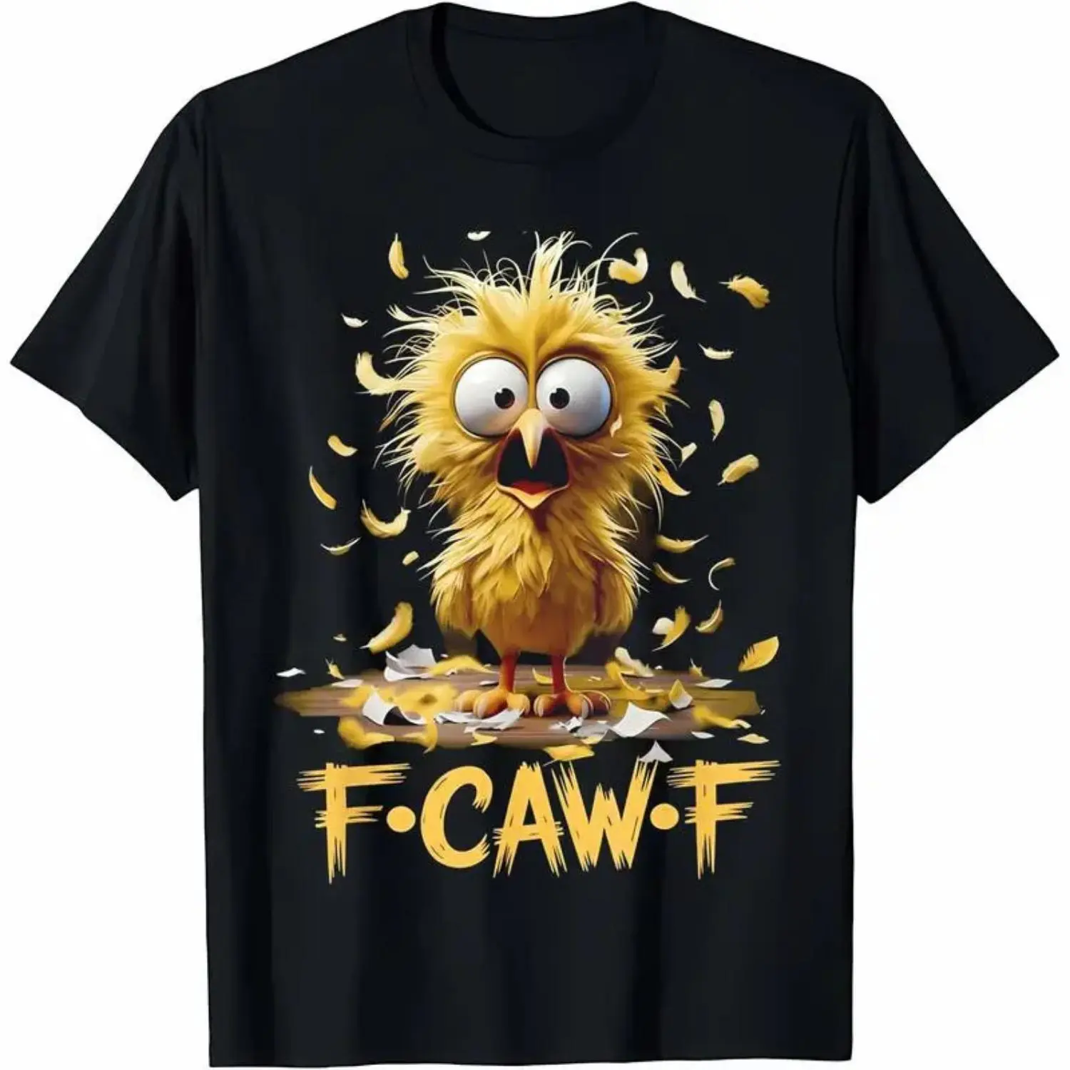 Cartoon Humor T-Shirt F caw F, Cotton Unisex Funny Surprised Yellow Bird with Flying Feathers Graphic Tee, Halloween Ghost Pumpkin Graphic T-shirt, Slightly Cropped Shirt Men, F·CAW·F Chicken-Inspired T-Shirt Casual Print