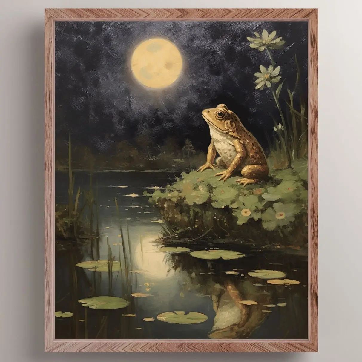 Frog Under The Full Moon Art Print, Dark Cottagecore Frog Painting, Sage Green Goblincore Wall Decor, Vintage Frog , Frog Lover Gift Frameless Poster H