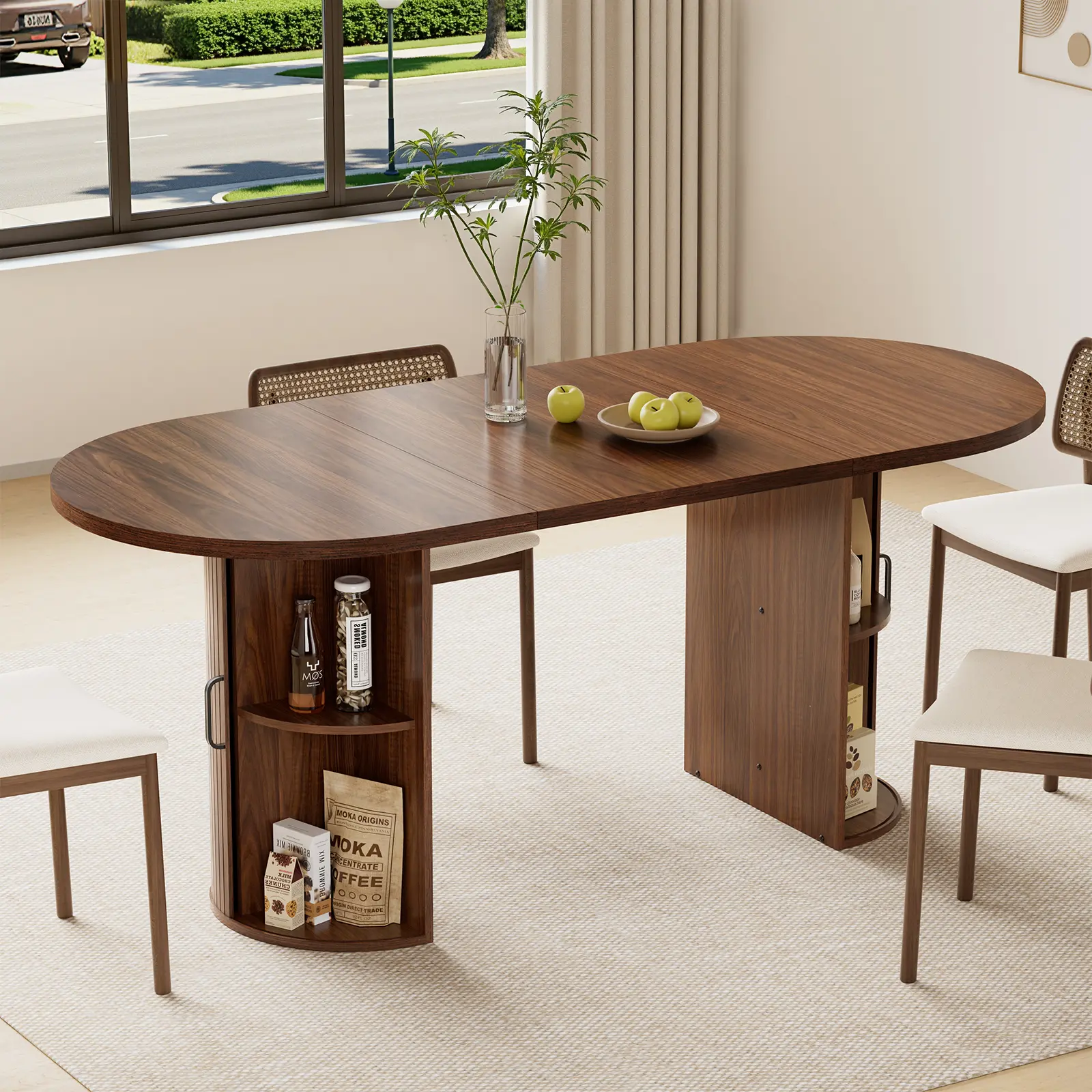HOMMPA Oval Dining Table with Dual Side Storage 70.8" Modern Kitchen Table for 4 6 Person Farmhouse Table with Wood Strip Doors Wooden Round Dinner Tables for Kitchen Dining Room Living Room Walnut