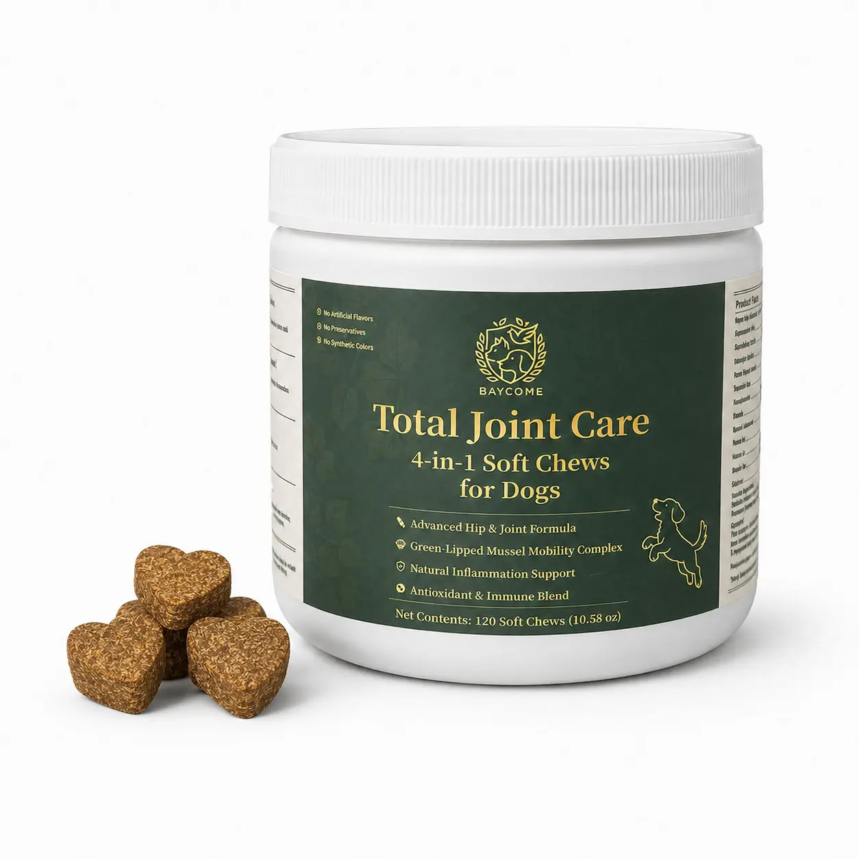BAYCOME 4-in-1 Joint Support Supplement Soft Chew Dog Treats - 120 Count Tasty Format with Glucosamine HCl, Chondroitin Sulfate, MSM, Turmeric Root, Green-Lipped Mussel, Bovine Colostrum