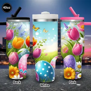 1 pc 40 oz colorful spring scene tumbler with lid and straw (Easter eggs, blooming tulips, butterflies); winter insulated travel mug; gift for women and men; ideal for Valentine’s Day, Easter, and birthdays; suitable for iced or hot coffee