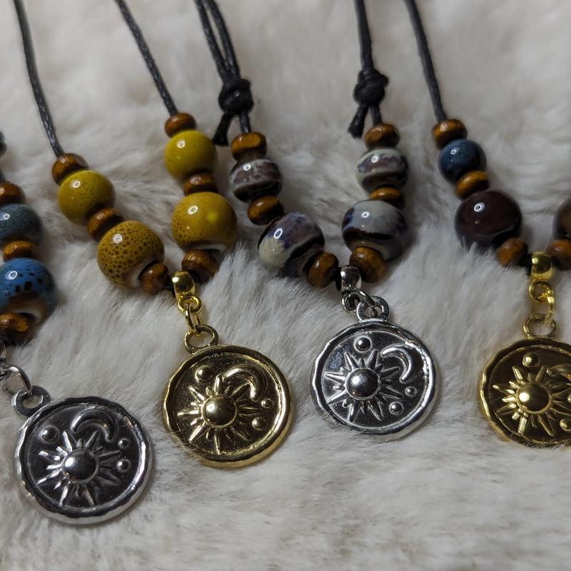 Ceramic Beaded Silver or Gold Moon & Sun Charm Boho Hippie Whimsical Adjustable Black Rope Cord Choker Stacking Necklace