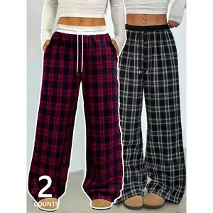 Women's Plaid Sweatpants Set, Casual Loose Fit Drawstring Waist, Fashion Streetwear for All Seasons, Youthful and Versatile