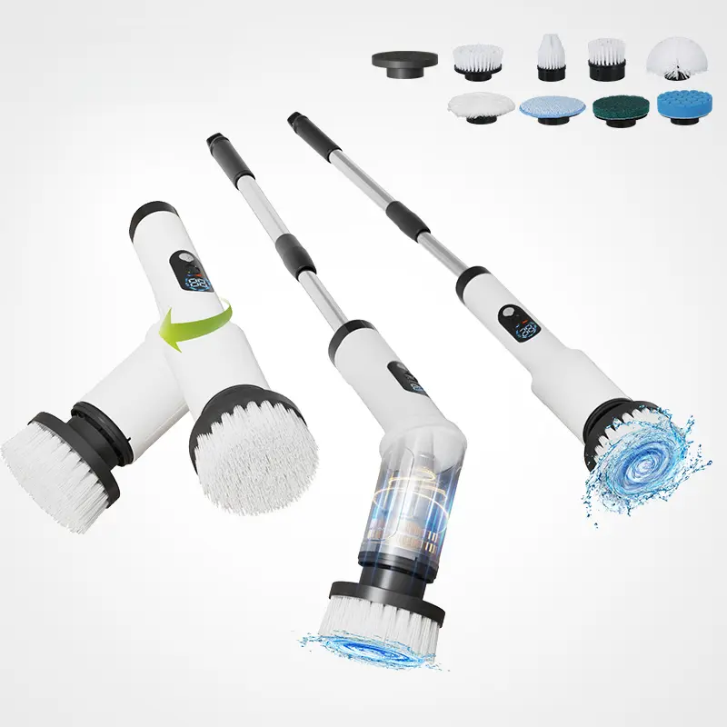 Cordless Electric Spin Scrubber for Home Users, 2-Speed ABS Plastic Deep Cleaning House Supplies with 9 Replaceable Heads & Extension, Multi-Cleaning Home Care Tool for Shower Tub, Kitchen Tile grout brush
