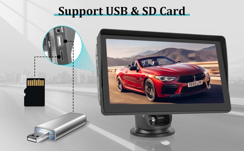 7 Inch Protable Carplay Car Screen, Wireless Android Auto Dash Mount, Car GPS Navigation System with Mirror Link/Bluetooth/FM Transmitter/USB + 12LED Backup Camera