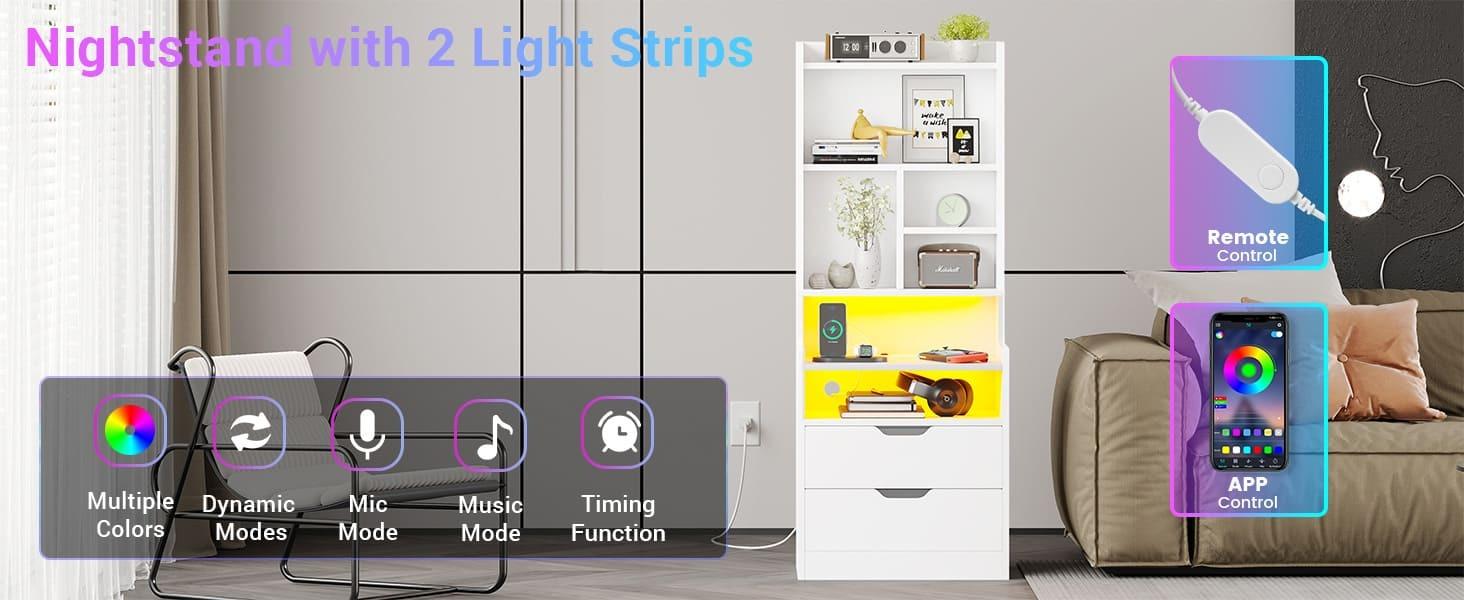 Sikaic LED Nightstand with Bookshelf Charging Station Table Multifunctional RGB Light Strips 2 USB Ports App Control Dynamic Modes Modern Side End Table