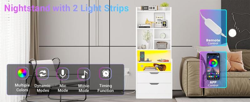 Sikaic LED Nightstand with Bookshelf Charging Station Table Multifunctional RGB Light Strips 2 USB Ports App Control Dynamic Modes Modern Side End Table