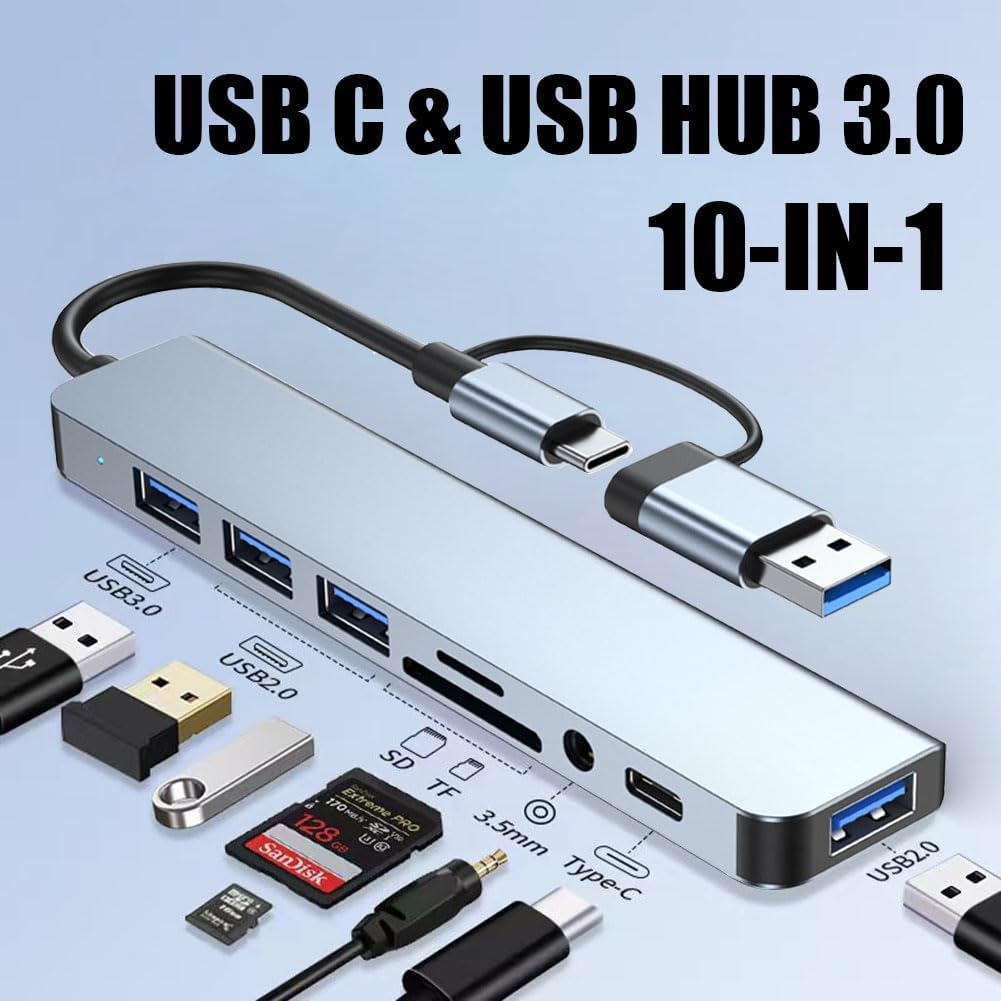 USB C Hub 10 in 1 Splitter Expander 8 Port Multiport Adapter 4 USB 3.0 Ports 1 USB-C Jack TF/SD Card Reader 3.5mm Aux Ports Audio Aluminum Output for iPhone 16 17 For MacBook Pro/Air For iPad iMac XPS Thinkpad Laptop Galaxy Phones High-Speed Data Transfer USB C Hub 10 in 1 Splitter Expander 8 Port Multiport Adapter 4 USB 3.0 Ports 1 USB-C Jack TF/SD Card Reader 3.5mm Aux Ports Audio Aluminum Output for iPhone 16 17 For MacBook Pro/Air For iPad iMac XPS Thinkpad Laptop Galaxy Phones High-Speed Data Transfer
