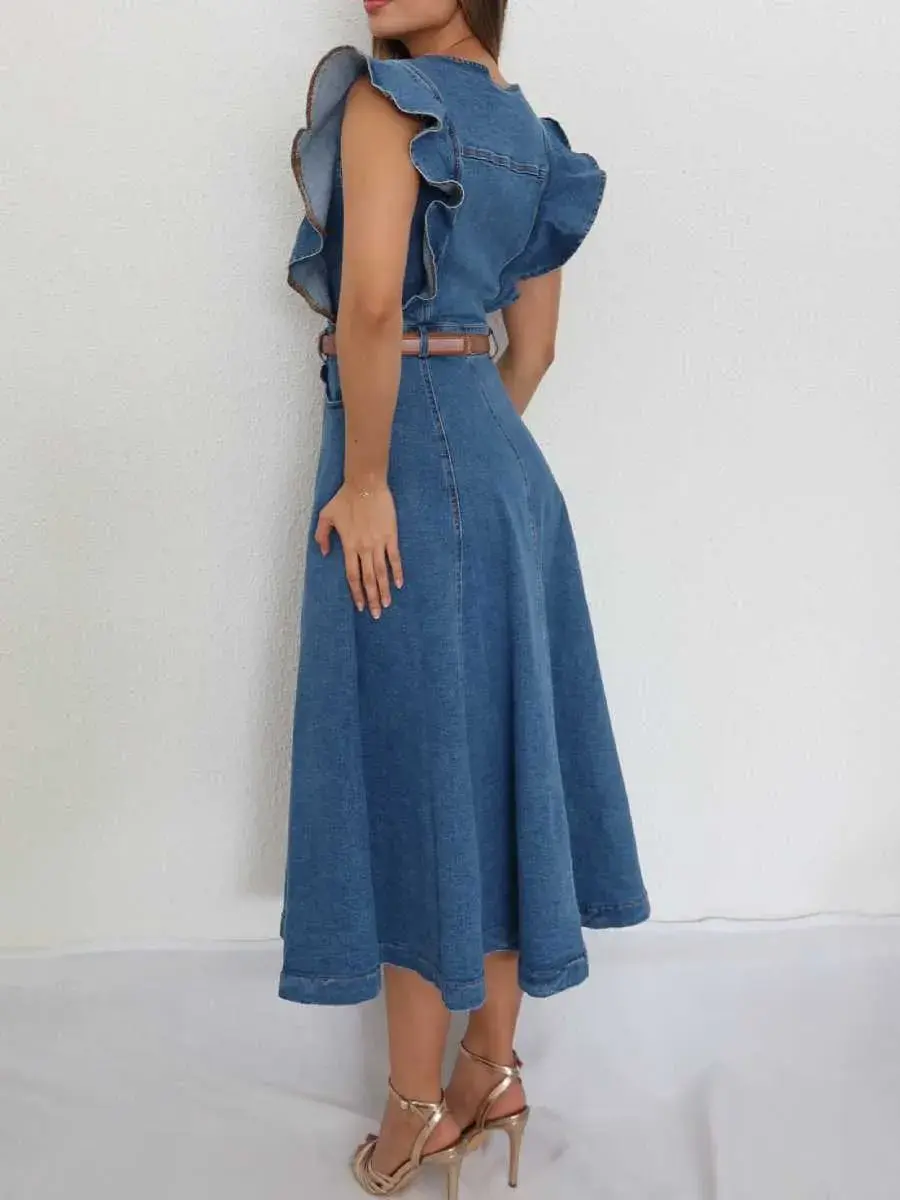 Midiross Women's Ruffle Sleeve Denim Dress Button Front Casual A-Line Jean  Dress (Belt Not Included) - TikTok Shop