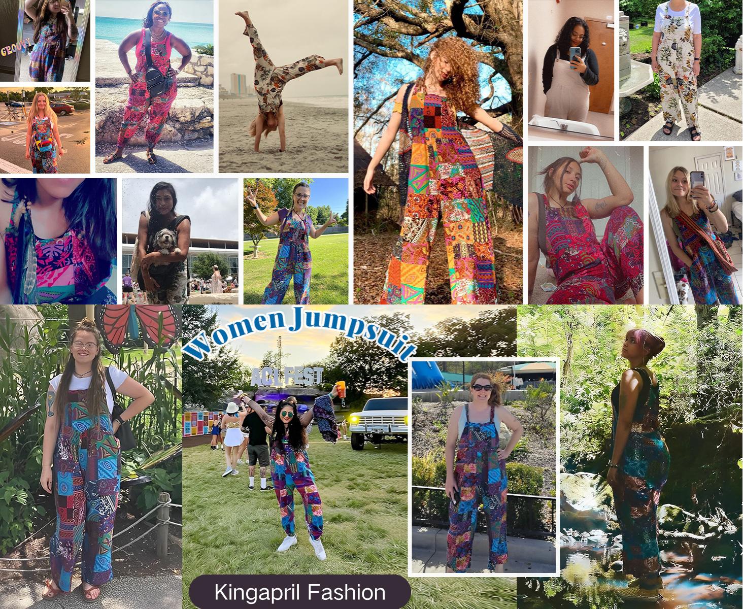 Kingapril Women's Patchwork Dual Pocket Jumpsuit Loose Floral Print Bohemian Wide Leg Bib Overalls Casual Women's Printed Clothing