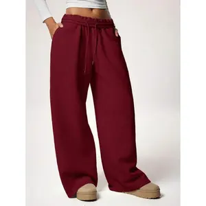 New autumn and winter casual loose drawstring wide leg sports pants, thickened warm lining, multifunctional slimming fabric women's Burgundy basic style
