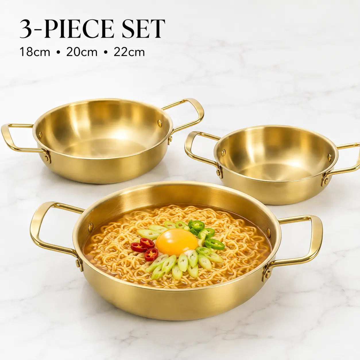 3-Piece Gold Stainless Steel Korean Ramen Pot Set, 18/20/22cm Shallow Double-Handle Noodle Pots for Ramen, Soup, Pasta, Hot Pot & Stovetop Cooking