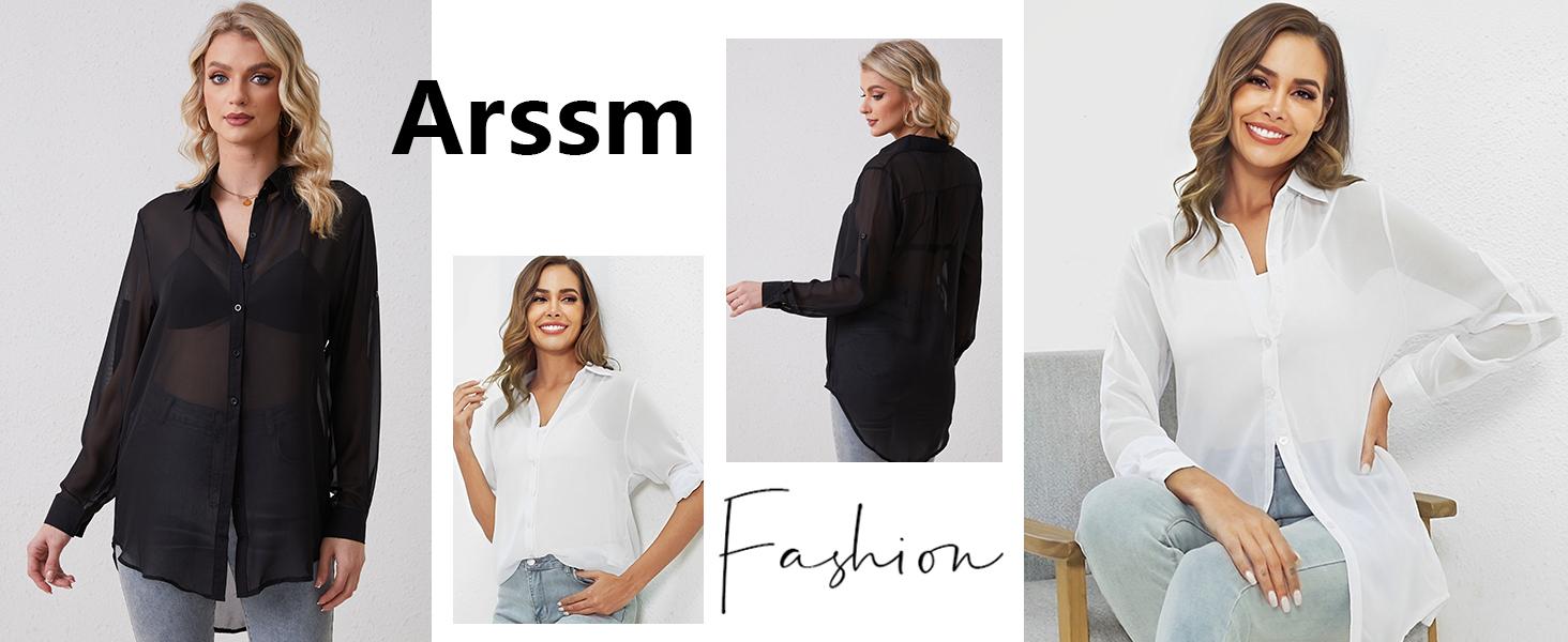 Sheer Tops for Women Sheer Button Up Blouse Long Sleeve Sexy See Through Tops Mesh Shirts