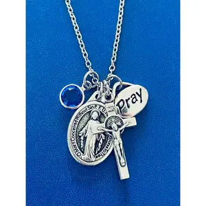 Italian-Made Silver Oxidized Mother Mary Medal with Crucifix & 'Pray' Charm Necklace with Crystal Accent for Religious Gifts Catholic Prayer Charm with Birthstone Option