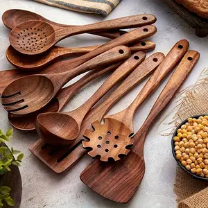 10PCS Wooden Kitchen Utensil Set, Natural Wood Cooking Tools with Ergonomic Handles, Heat Resistant Spoons & Spatulas for Nonstick Cookware