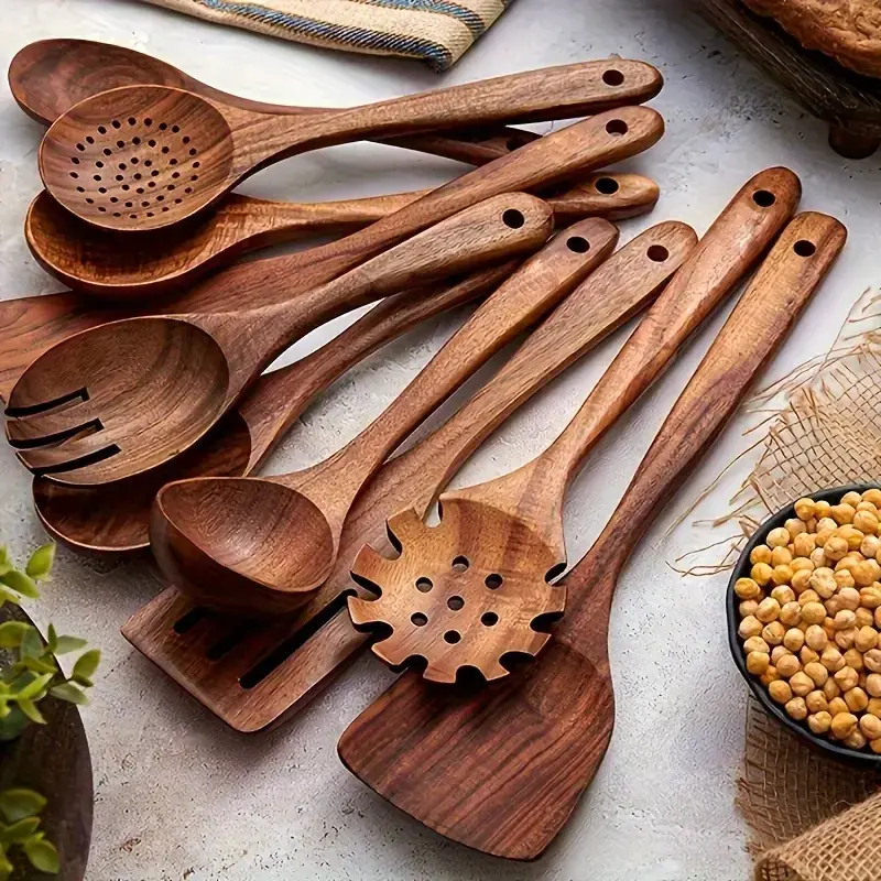 10PCS Eco-Friendly Wood Kitchen Utensil Set - Handmade Food Grade Durable Ergonomic Handle Tools, Heat Resistant Spoons & Spatulas, Eco Friendly Kitchenware for Cleaner Nonstick Cookware, Kitchen Cooking Accessories (Ideal for Thanksgiving, Christmas)