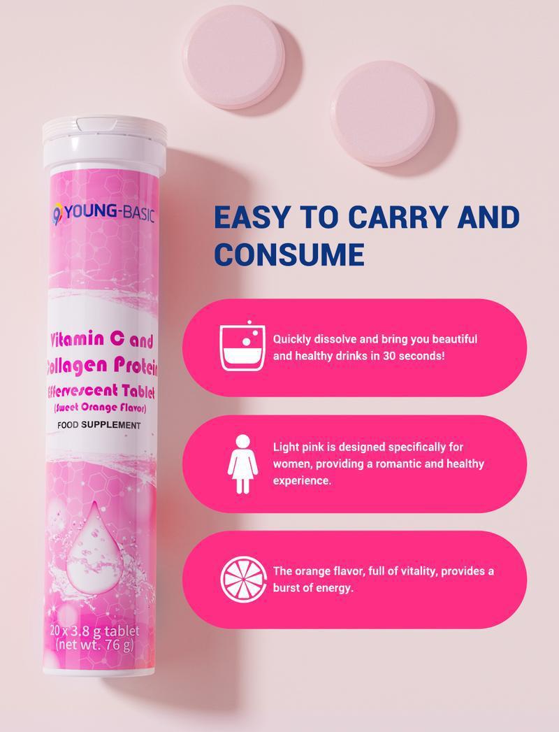 9 Young-Basic Vitamin C Collagen Peptides and Niacin Effervescent Tablets- Skin Firmness Nail Hair Improves- Healthcare Beauty Supplement Colagen Protein Tablet Fitness Edible Dietary
