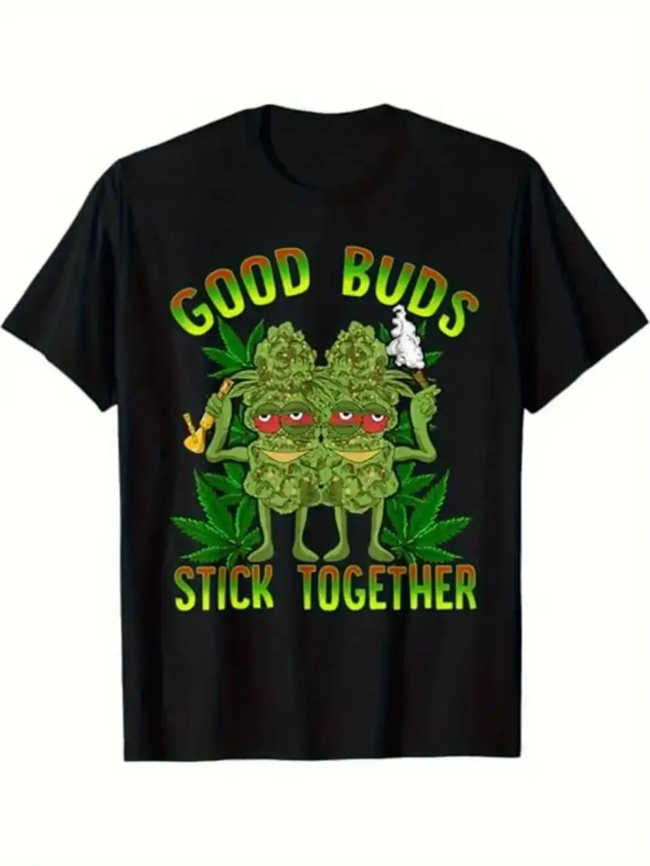 Men's -Themed "GOOD BUDS STICK TOGETHER" T-Shirt - 420-Friendly Leaf & Joint Design, Comfortable Cotton Streetwear Tee, Short Sleeve Crew Neck Top for Weed Lovers & Gifts (Multiple Sizes Available)
