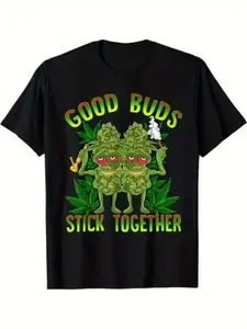 Men's -Themed "GOOD BUDS STICK TOGETHER" T-Shirt - 420-Friendly Leaf & Joint Design, Comfortable Cotton Streetwear Tee, Short Sleeve Crew Neck Top for Weed Lovers & Gifts (Multiple Sizes Available)