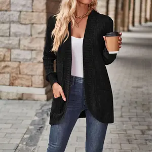 Fashion Women's Ribbed Cardigan Solid Color Loose Fit Mid Length Knitwear Springfresh