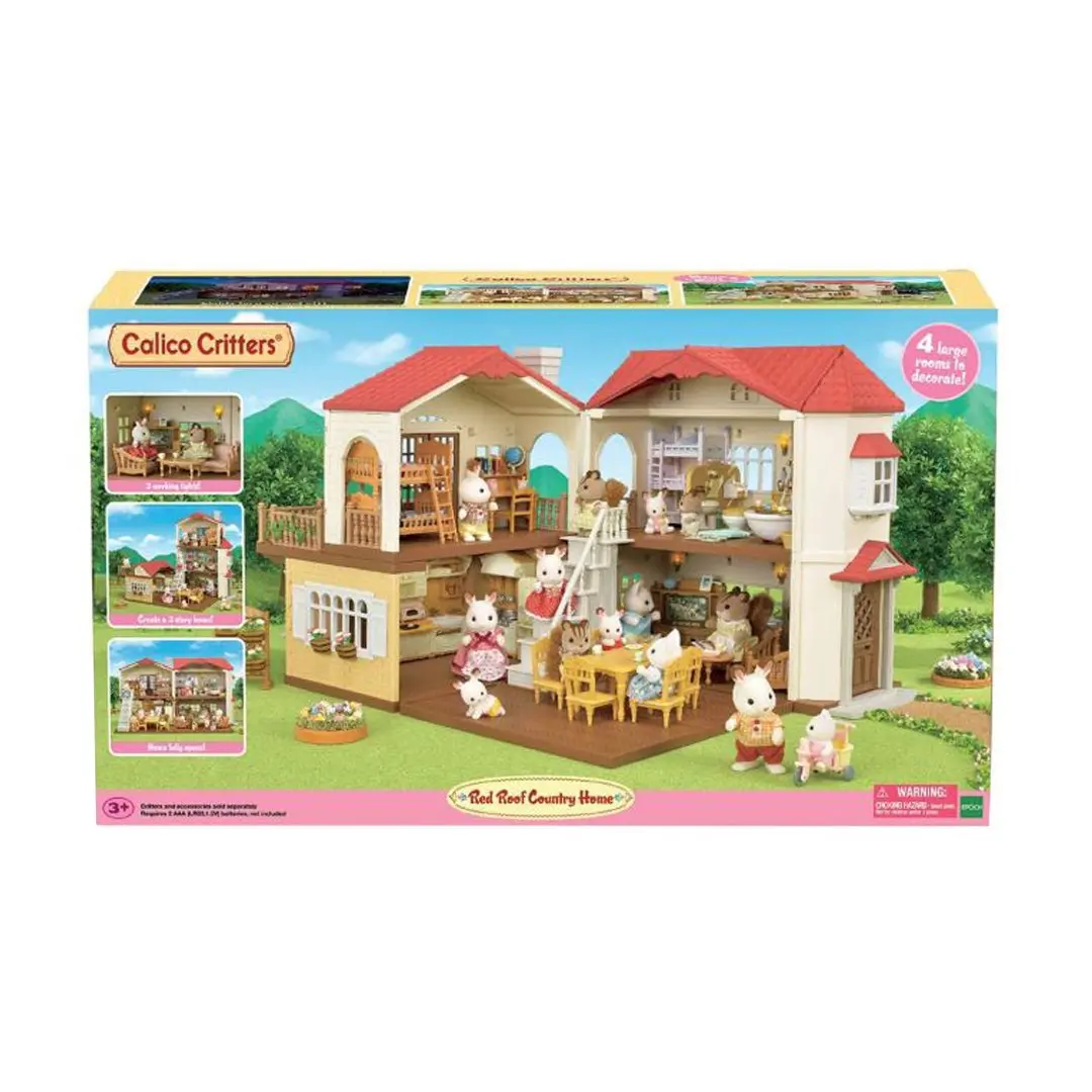 Calico Critters Red Roof Country Home Playhouse, Unisex Miniature Doll House Set with Lamps, Miniature Set