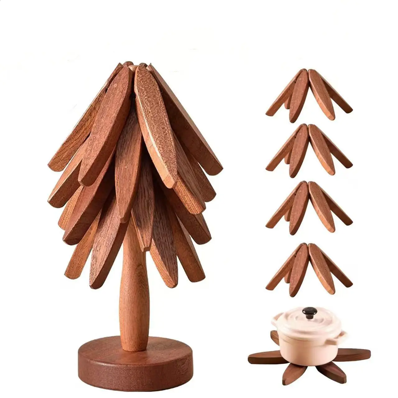 Natural Foldable  Trivet Set - 4 Trivets + 1 Stand for Hot Dishes, Pot, Bowl, Teapot, Hot Pot Holders，Foldable Kitchen Decorfor Pots, Bowls, Cups & Hot Pots Kitchenware eco-friendly, decorative items Interesting Gift for Christmas