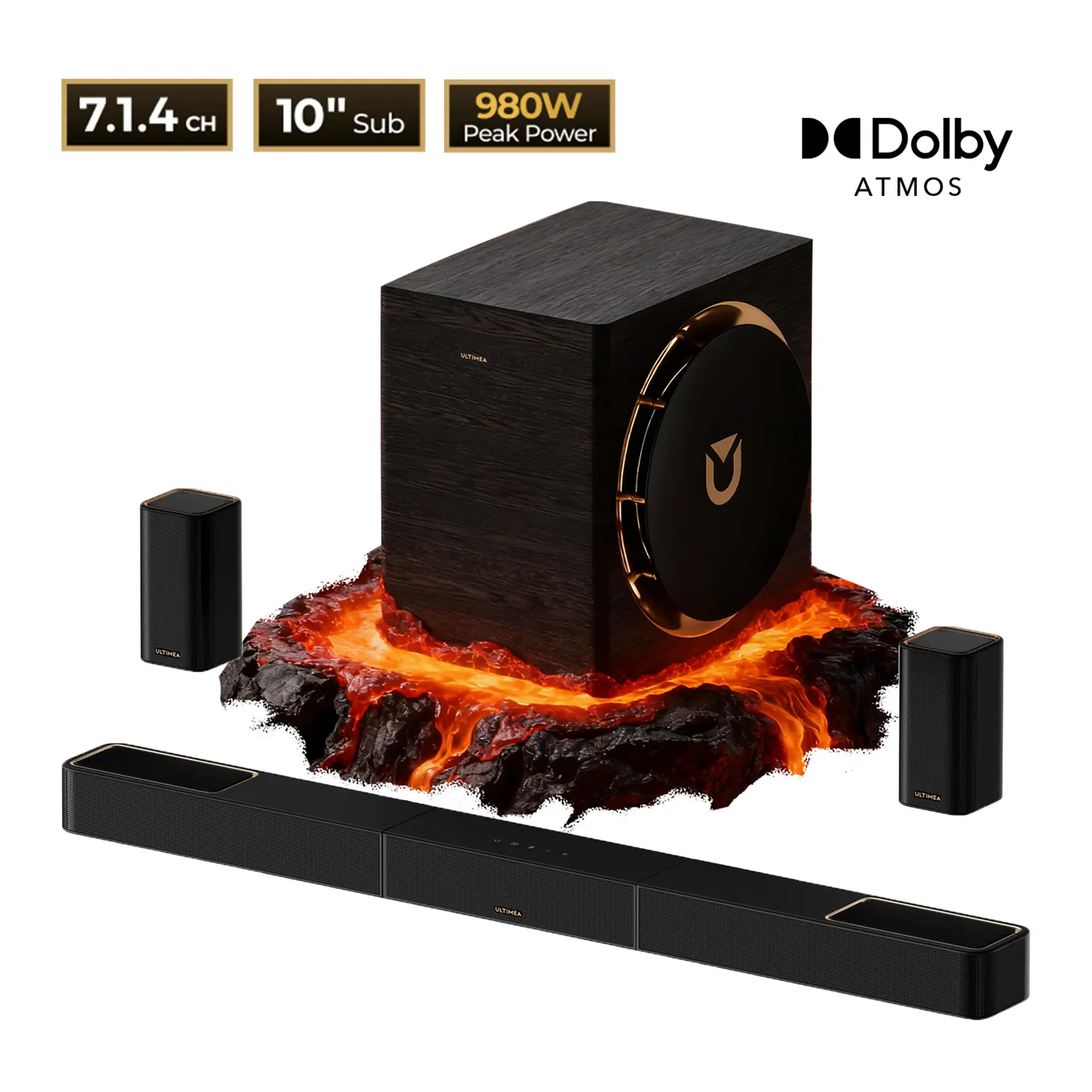 Limited Sale-ULTIMEA Skywave X70 7.1.4ch Professional Wireless Surround Sound System for TV, Dolby Atmos, Home Theater, 980W Sound Bar with 10" Wireless Subwoofer, Powerful Bass, 20Hz Low Frequency, 4K HDR Pass-Through, Bluetooth,APP Control#SummerVibes
